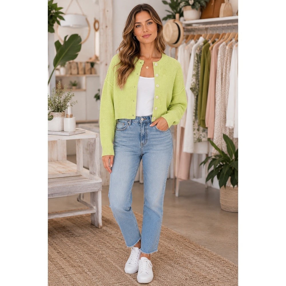 Jessica Simpson Lime Green Cropped Cardigan Sweater Button Front Knit Size M
